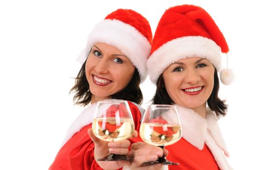 women santa with champagne isolated on white background