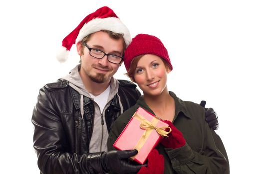 Warm Attractive Young Couple with Holiday Gift Isolated on a White Background.