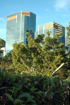 blue glass skyscrapers, green trees in foreground,