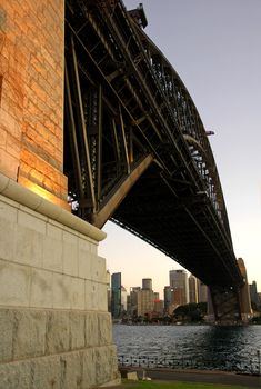 harbour bridge pillar and sydney cbd, evening scene