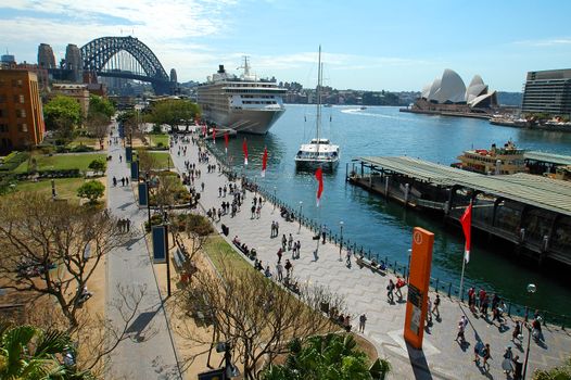 Circular Quay in Sydney; famous landmarks in picture - harbour bridge, opera house