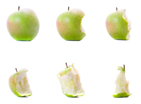 Six stages of eating green apple on white background.