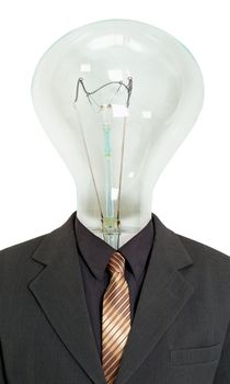 Man with light bulb instead of head isolated on white background