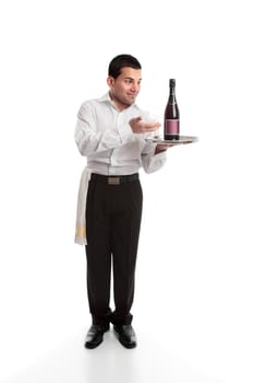 Waiter or bartender presenting a bottle on a silver platter.  White background.