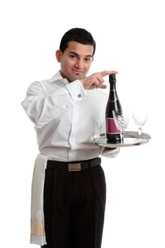 A bartender or waiter recommending wine or champagne.