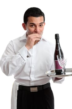 A waiter, servant or bartender with wine.   Alla Salute!  White background.