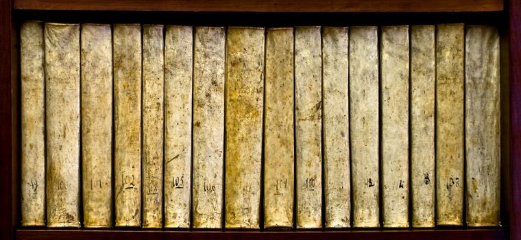 ancient books (XVI century) on a wood shelf