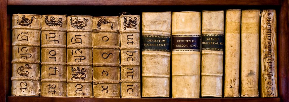 Ancient books (XVI and XVII century) on a wood shelf