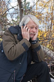 Mature busy man with grey hair in forest talking on the phone in autumn day.
