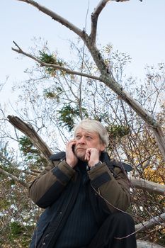 Mature busy man with grey hair in forest talking on the phone in autumn day.