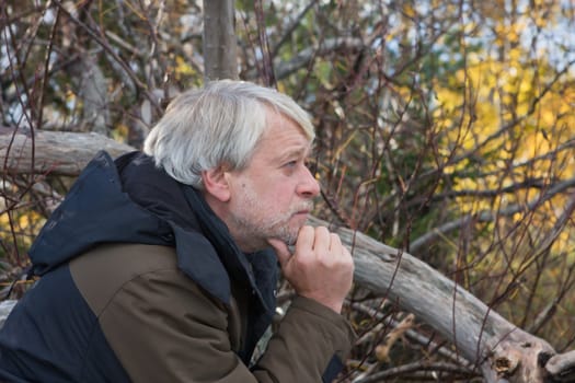 Portrait of mature thoughtful man with grey hair in forest in autumn day.