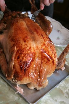 A fully stuffed turkey, being carved.
