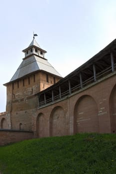View of the old tower and wall of Novgorod Kremlin, Russia.