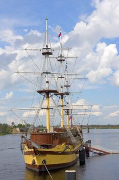 Views of the River Volkhov and the ship at the pier, Novgorod, Russia.