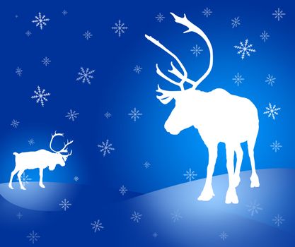 Christmas design: two raster caribou reindeer white silhouettes with snowflakes on vignette blue background