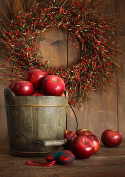 Wooden bucket of apples for the holidays