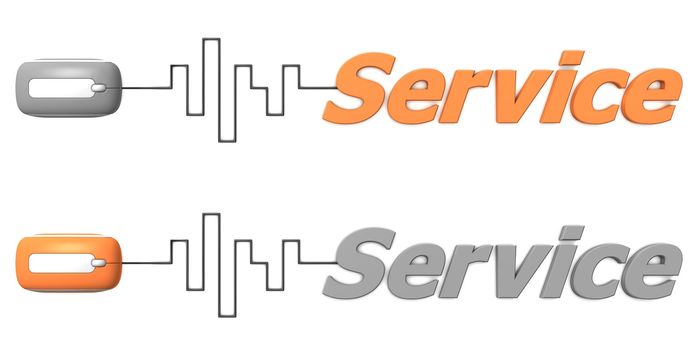 modern computer mouse connected to the word Service via digital waveform cable - mouse and word both in grey and orange