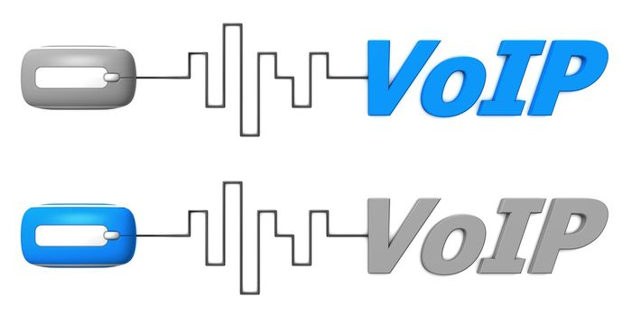 modern computer mouse connected to the word VoIP via digital waveform cable - mouse and word both in grey and blue