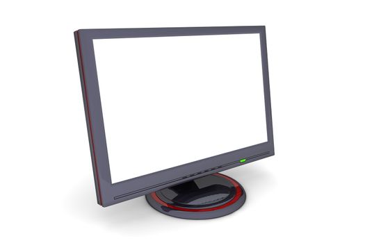 black glossy flat screen lcd computer monitor with a white desktop, green status led and red decoration - angular view