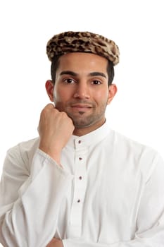 Happy ethnic man wearing traditional cultural clothing.  White background.