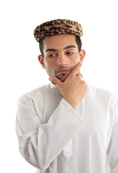 Deep thinking man with one hand on chin.  Looking down and sideways - space for copy.  White background.