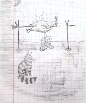 Roast chicken and cat, illustration