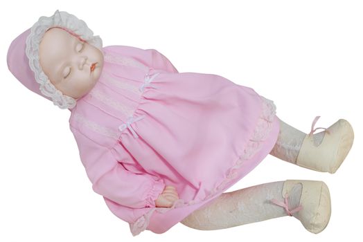 Antique Doll in Pink Dress isolated with clipping path          