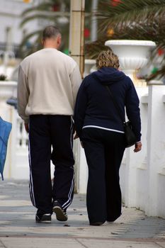 couple walking along the promenade with their backs facing 