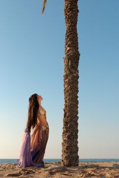 Oriental dancer looking up a palm tree