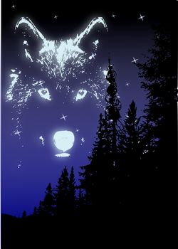 The spirit of the wolf in the sky above the silhouette of pine trees.