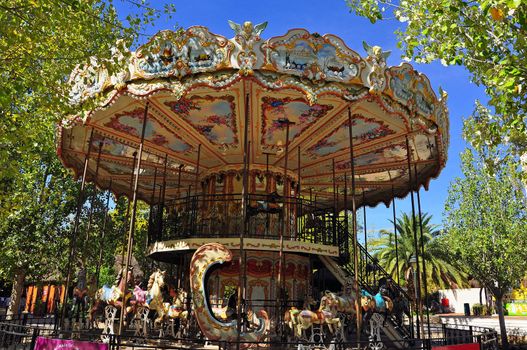 horses park carousel carnival amusement illuminated equipment ride