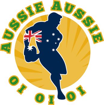 Illustration of a rugby player running passing ball with flag of flag of australia