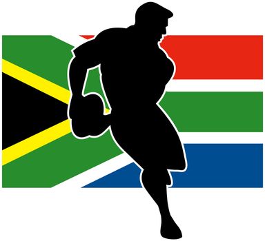 Illustration of a rugby player running passing ball with flag of South Africa in background