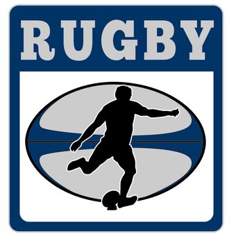illustration of a rugby player kicking ball with ball in background with words "rugby" set inside a square