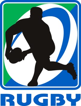 illustration of a Rugby player passing ball facing front in silhouette with ball in background with words "rugby"