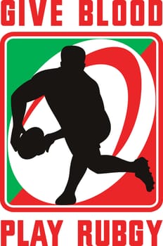illustration of a Rugby player passing ball facing front in silhouette with ball in background with words "give blood play rugby"