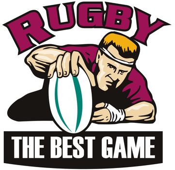 retro style illustration of a rugby player grounding the ball for a try viewed from the front with words "rugby the best game"