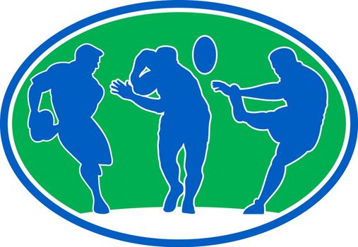 illustration of silhouette of rugby player running passing fending and kicking the ball set inside an oval or ellipse