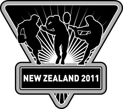 illustration of silhouette of rugby player running passing fending and kicking the ball set inside a shield with words "rnew zealand 2011"