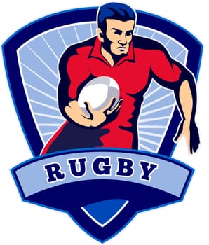 illustration of a Rugby player running with ball facing front with shield in background and words "rugby"