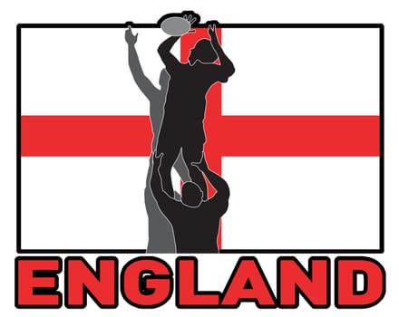 illustration of Rugby player catching lineout throw ball with England flag in background 