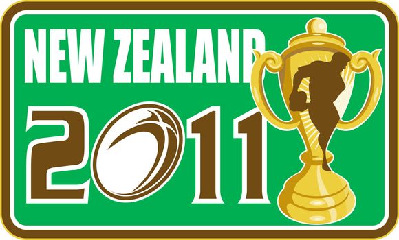 illustration of a championship cup trophy with silhouette of player passing ball and words "new zealand 2011"
