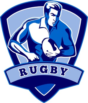 illustration of a Rugby player running with the ball with shield in the background