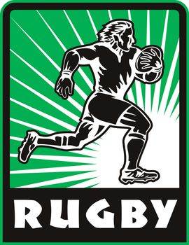 retro style illustration of a Rugby player running with ball  and sunburst in background with words "rugby"
