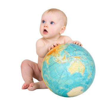 Baby and big terrestrial globe on the white