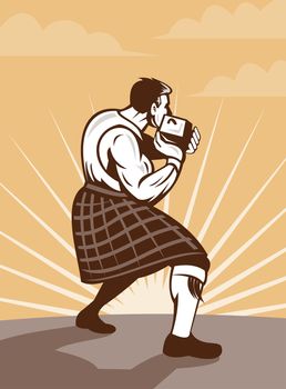  illustration of  a Scotsman in traditional Scottish game  and kilt throwing stone put doen in retro style.