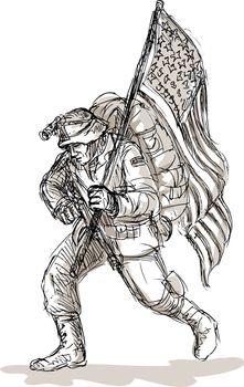 hand drawn sketch of a Dejected American soldier in full battle gear carrying flag isolated on white background