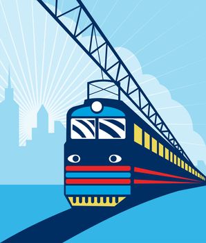 illustration of an Electric passenger train traveling towards you with urban city skyline in the background done in retro style.