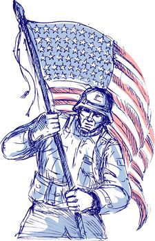 hand drawn sketch of an American soldier in full battle gear carrying stars and stripes flag isolated on white background