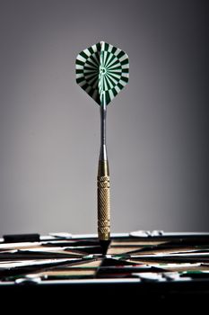 Vertical View Of An Arrow That Hit The Darts Board Center 